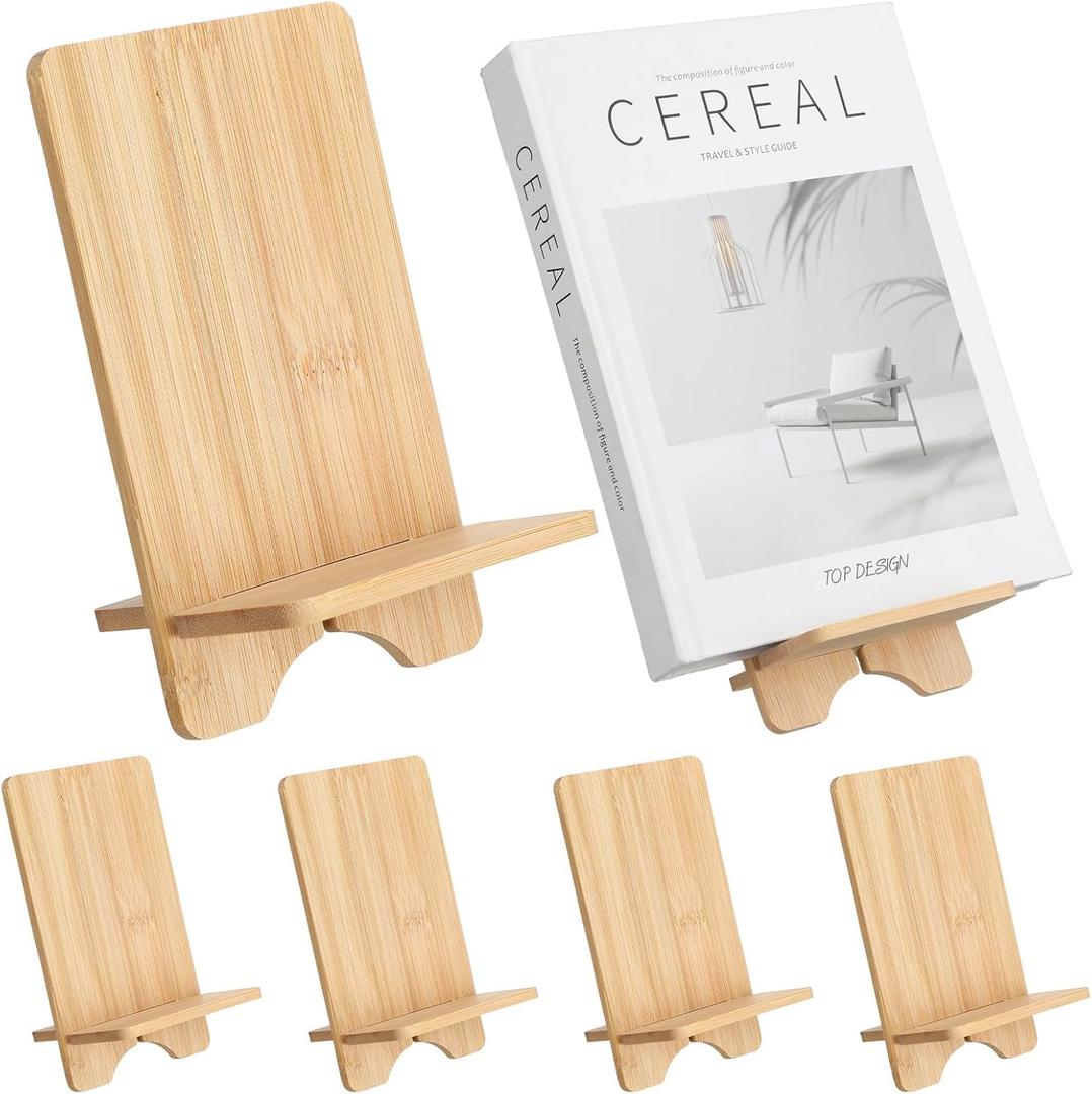 4 Pcs Bamboo Book Stand for Display Book Holder Easel Stand Collector Display Back to School Gift for Home Office Album Cd Magazine Comic Postcard Picture Artworks