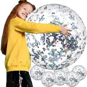 Civaner 6 Pcs Summer Silver Inflatable Glitter Beach Balls 24 Inch Large Sparkly Confetti Pool Balls Clear Floatable Blow up Swimming Water Balloon Toys for Wedding Baby Shower Birthday Party Favor
