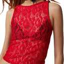 Women Sleeveless Sheer Lace Mesh Crop Top Sexy See Through Ruched Tank Shirt Y2k Floral Lace Tops, Color: D 77 Red, M
