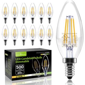 Spring Memory 12 Pack E12 Dimmable 60W Equivalent LED Chandelier Light Bulbs, 4.5W Clear 2700K Soft Warm White 500LM B11 Vintage Filament Candle Light