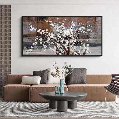 KLAKLA Wall Art for Living Room - White Plum Blossom Brown Trunk Natural Landscape Wall Decor Framed Picture Artwork for Wall Modern Paingings Extra Large Wall Art,Brown + Black Frame, 48"L x 24"W