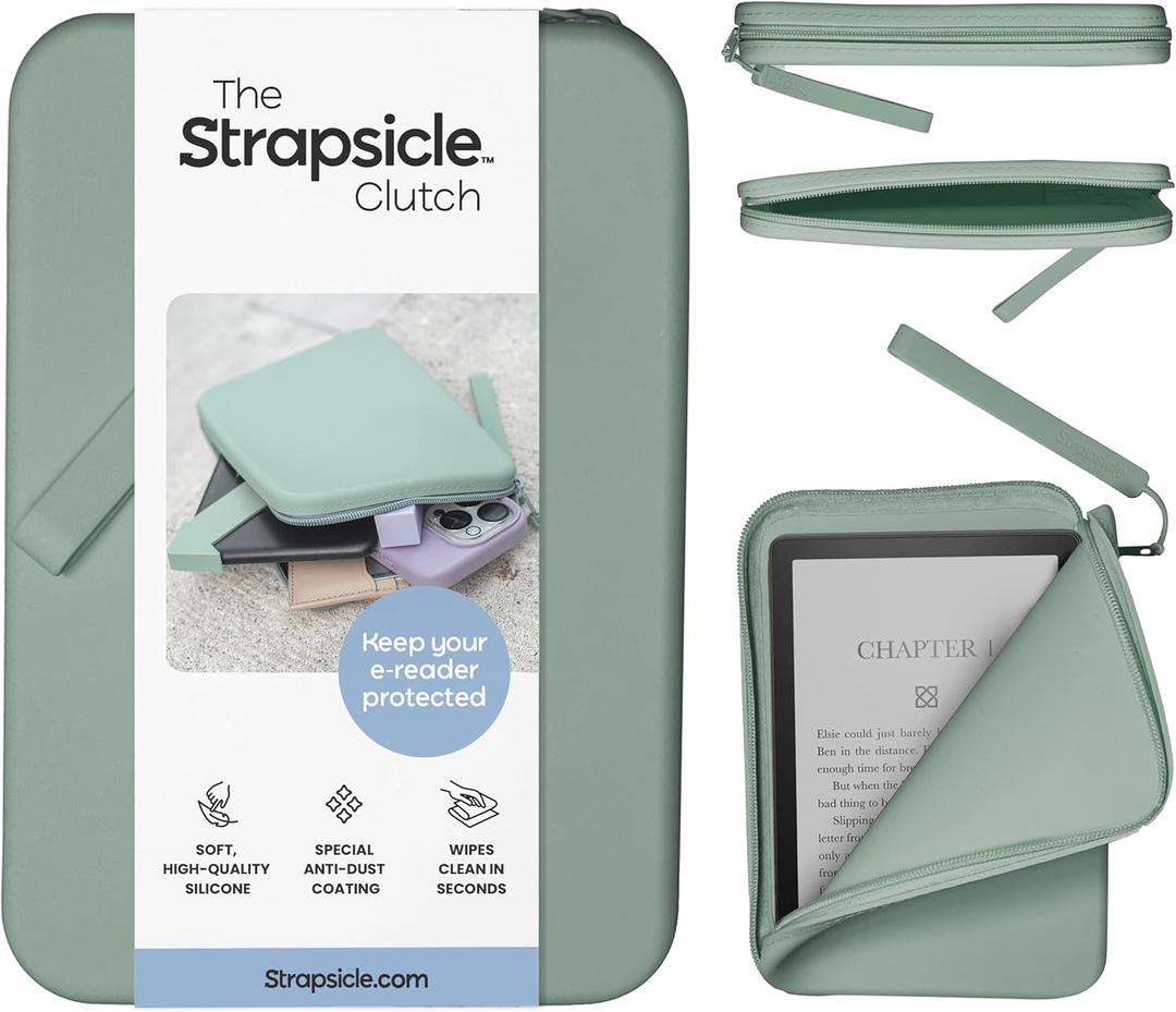 Strapsicle Silicone Clutch for Kindle & E-Readers  Multi-Purpose Bag for Phone, Wallet & Keys  Fits 6.87 Paperwhite 2024, 6 Kindles, Kobos, Nook & iPad mini 6  Anti-Dust Coating - Sage