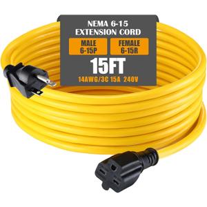 15ft Extension Cord Compatible with Nema 6-15 6-15p Male to 6-15r Female, 15 Amp Power Cable for 220/240v Air Condition LED Grow Lights Cord Heavy Duty 14awg/3c, 240v, 3750w (Yellow)