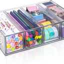 Desk Organizer with 4 Drawers, FODIENS Stackable Desktop Storage Box with Removable Drawer, Clear Sunglasses Organizer Display Case for Stationery Marker Pens Eyeglasses Office Supply