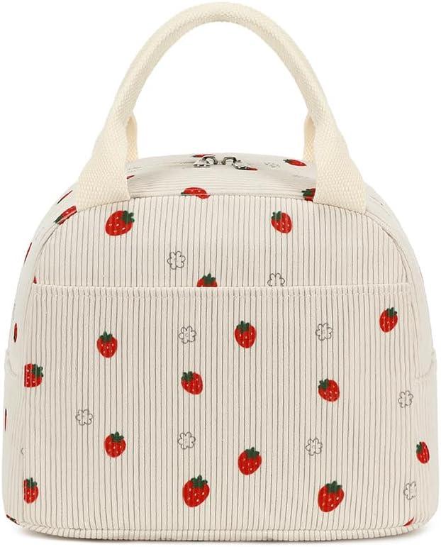 Corduroy Insulated Lunch Bags for Women Lightweight Reusable Large Capacity Handheld Cooler Tote Bag with Pockets Cute Floral Lunch Box for Travel Work Picnic (Strawberry Red)