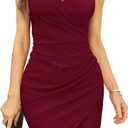 OFEEFAN Women's V Neck Sleeveless Cocktail Dresses Ruched Bodycon Dresses S-2XL (03- Burgundy)