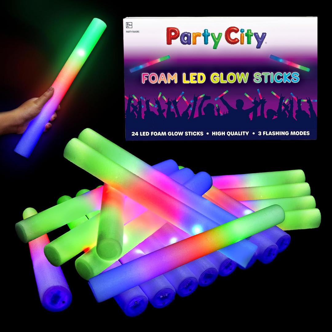 Party City 24pk LED Foam Glow Sticks 14- Glow in the Dark Party Supplies Favors, Colorful Flashing Wand with 3 Modes, Light Up Foam Sticks Bulk Party Pack for Wedding, Birthday, Concert