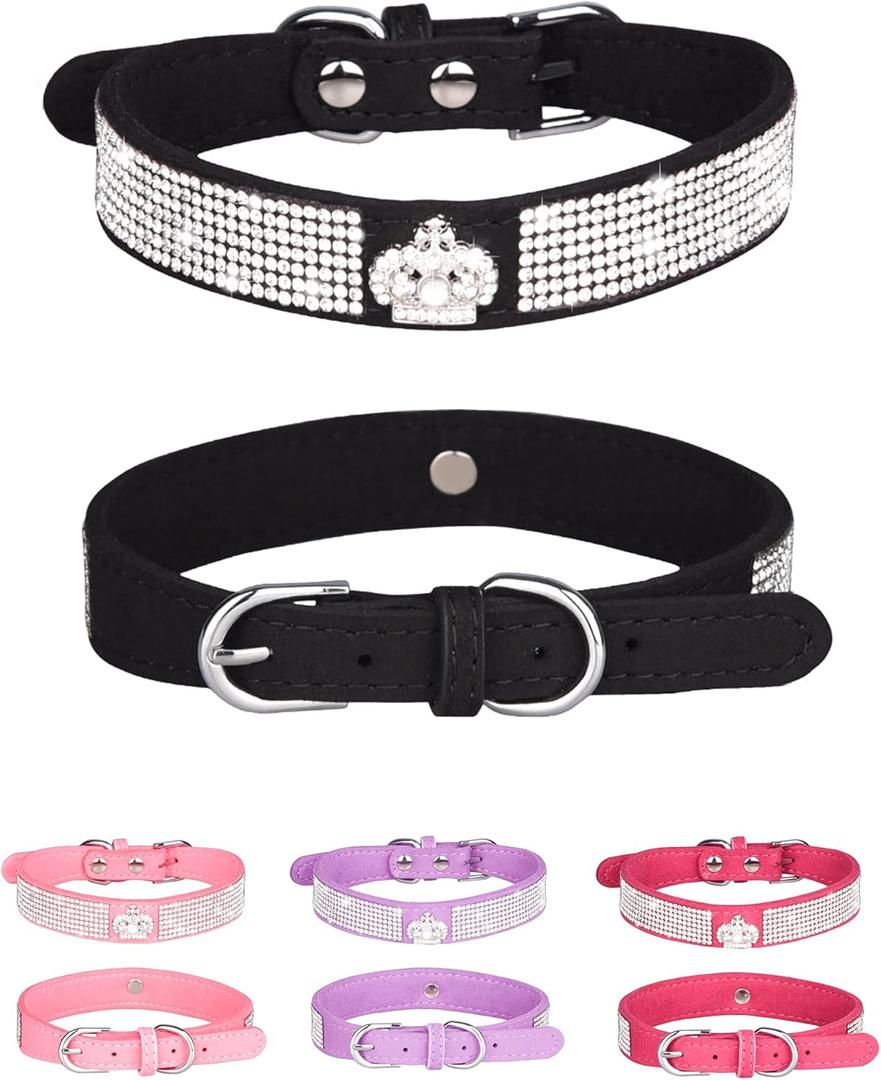 Bling Dog Collar for Small Medium Large Dogs, Crown Rhinestone Dog Collars for Girl and boy Dog, Diamond Puppy Collars, Adjustable Leather Suede SOFE Cat Collar (M(13"-15.4"/33CM-39CM), Black)