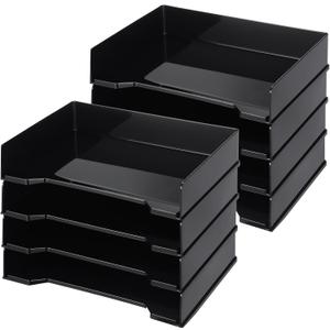 DoubleFill 8 Pcs Stackable Letter Tray Rectangular Plastic Desk Organizer 13 x 9.5 x 2.6 in Paper Holder File Tray Accessories Rack for Desktop Office Desk Drawers (Black)
