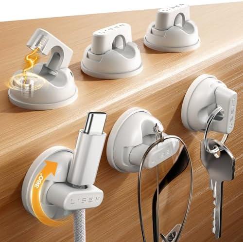 6-Pack Rotatable Cord Holder for Nightstand, LISEN 360°Rotating Magnetic Clips, No-Residue Adhesive Cable Management Clips Neatly for Nightstand, Desk, Home, Office, Car, Cubicle Accessories, White