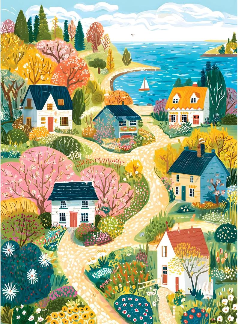 500 Piece Jigsaw Puzzle for Adults, Coastal Village Landscape Jigsaw Puzzle, Colorful Cottage Ocean View Art Puzzle for Adults, Relaxing Activity, for Puzzle Lovers
