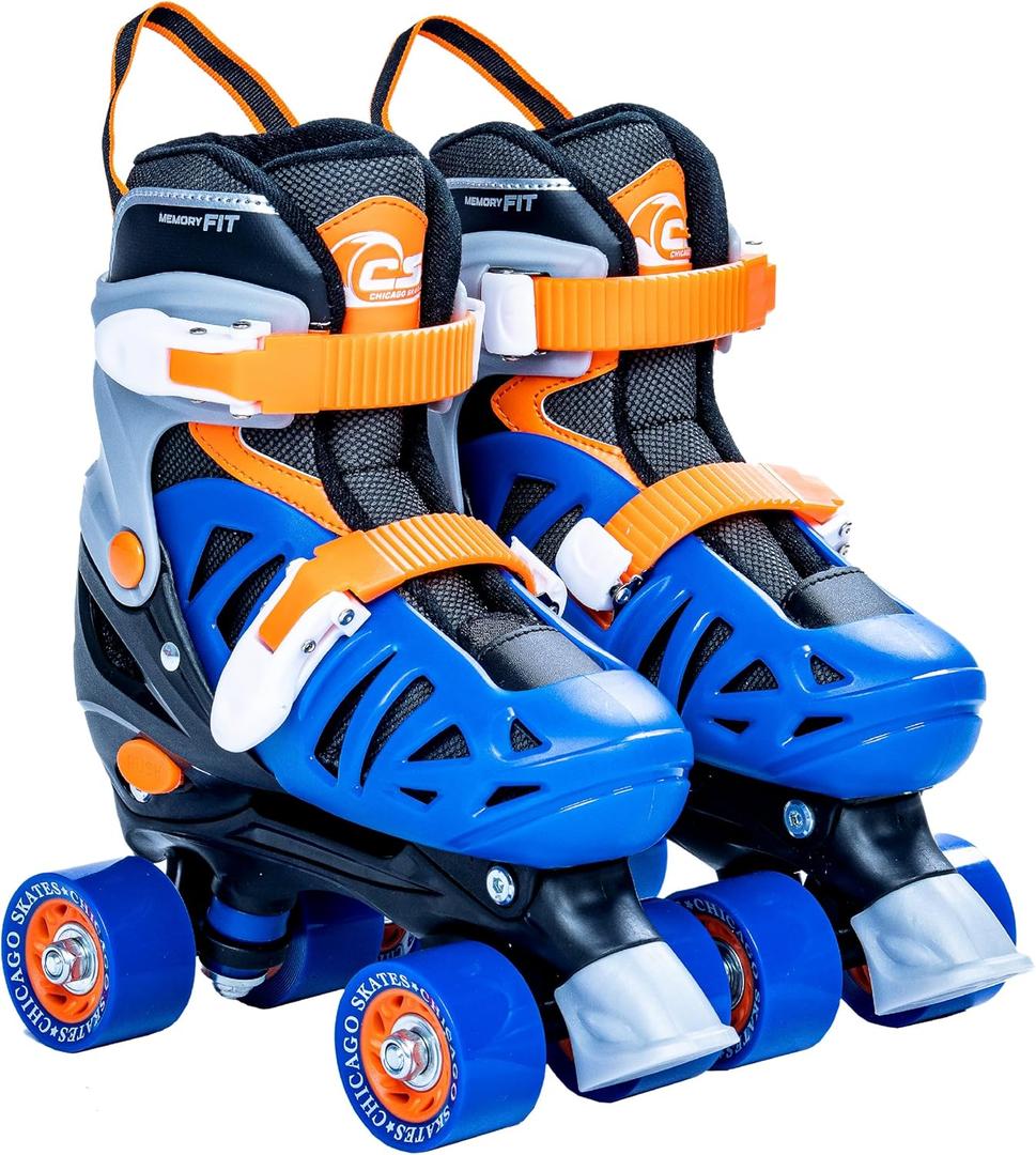 Chicago Skates Glitzy Kids Roller Skates - Adjustable Roller Skates Girls Boys, Light-Up Wheels, Durable Beginner Quad Skates with Front Stopper, Comfortable, Smooth Rolling, Indoor Outdoor, Age 3+ (Blue/Black/Orange, Small)