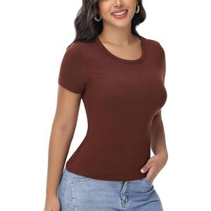 EasyFair Womens T Shirts Basic Short Sleeve Crew Neck Slim Fit Tees Summer Workout Casual Bodycon Tops 2025 Coffee L