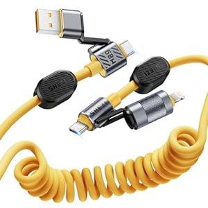 4-in-1 Coiled USB C Cable for Car 5FT [60W Fast Charging] Compatible with Lightning Cable [CarPlay & Android Auto] Multi Charger Cord Combo with L/Type C/USB A Ports for iPhone/iPad 