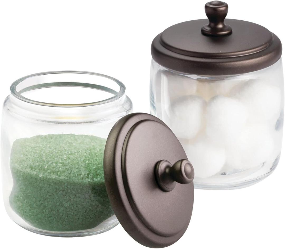 mDesign Small Apothecary Organizer Canister Jars - Glass Containers with Steel Lid for Bathroom, Organization Holder for Vanity, Counter, Hamill Collection - 2 Pack - Clear/Bronze