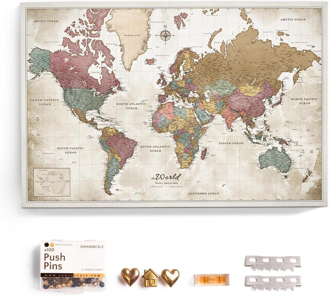 Canvas World Map with Cork Pin Board - English Lettering - Decorative Wall Decoration for All Rooms - Canvas Pictures with World Map Motif (120x80 cm, Pattern 20)
