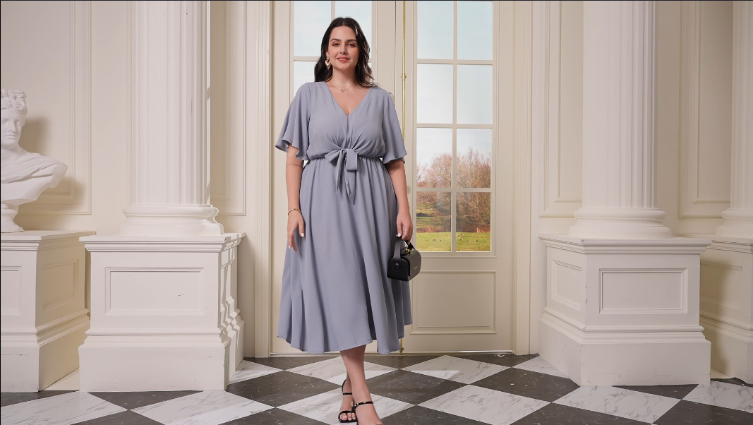 SCOMCHIC Women Plus Size Midi Dresses Wedding Guest Short Sleeve V Neck Tie Waist Casual Summer Flowy A Line Dress, 2XL