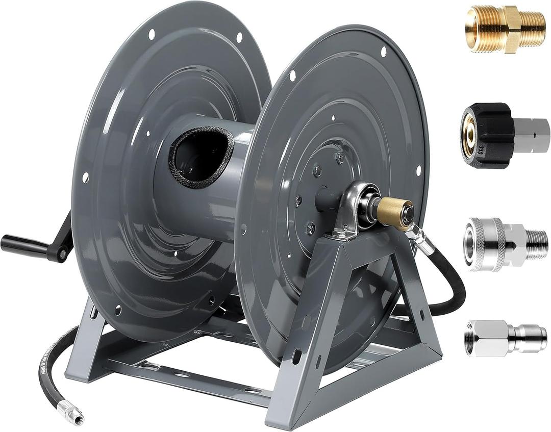 Pressure Washer Hose Reel, 300FT x 3/8" Heavy Duty Hose Reel, Manual Crank Power Washer Hose Reel with M22 Fitting, Wall/Floor/Truck Mounted, 4000 PSI