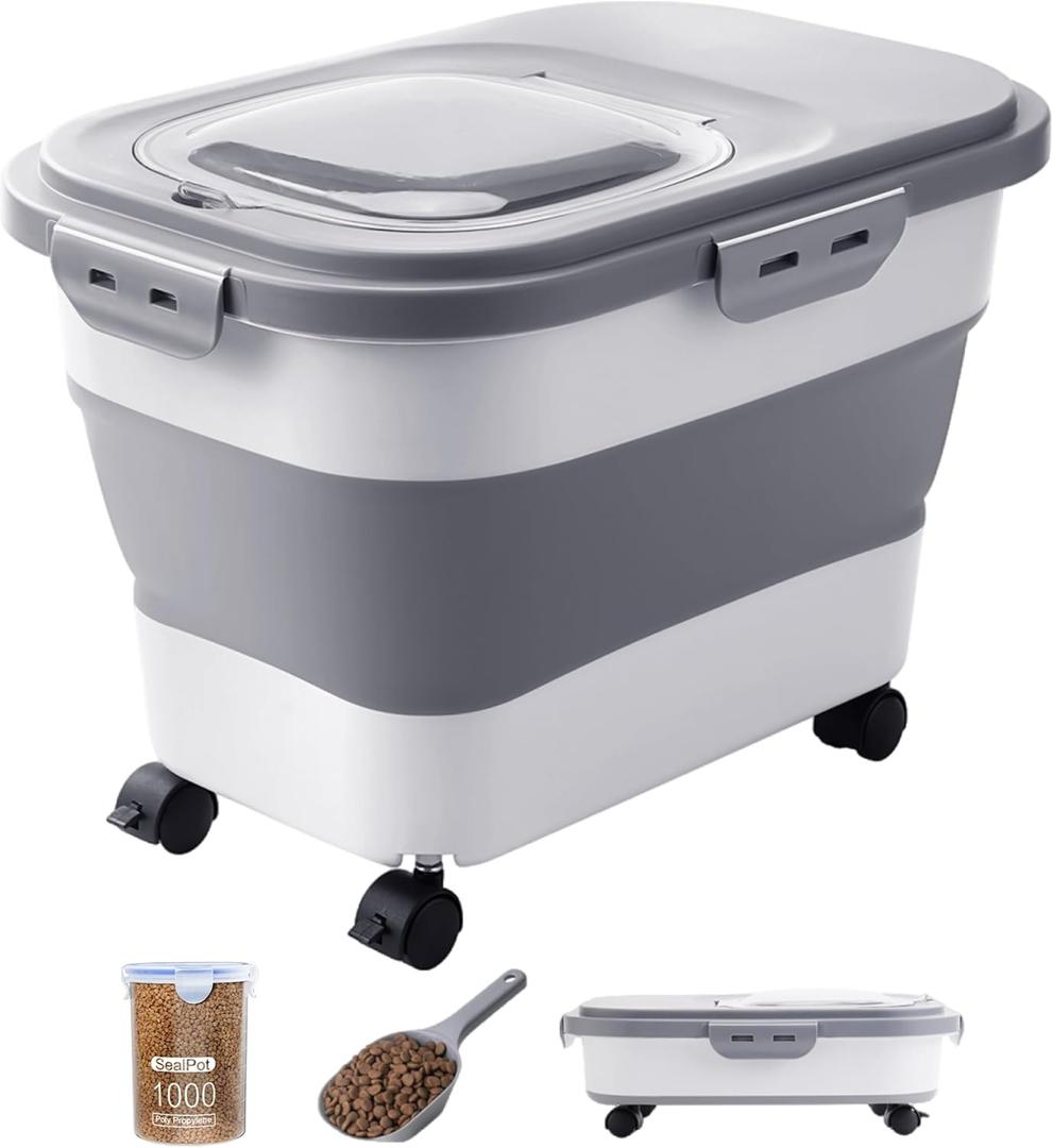 20-23 Lbs Dog Food Storage Container - Collapsible Dog Food Container with Attachable Casters and Scoop,Travel Silicone Bowl, Pet Food Storage Containers to Keep Dry Food Fresh,Easy to Move (Grey)