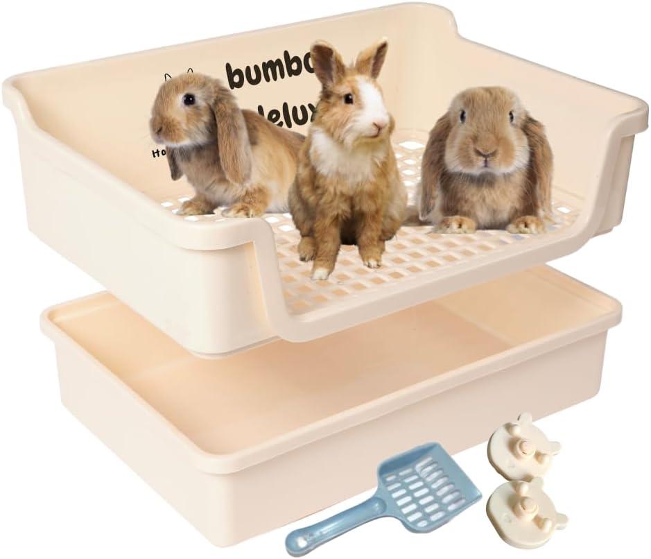 Bumbox Deluxe Rabbit Extra Large Litter Box, Training Rabbit Cage with Toilet Tray for Hamster, Bunny, Ferret, Small and Large Animal, 21.45in (Cream) (X-Large)