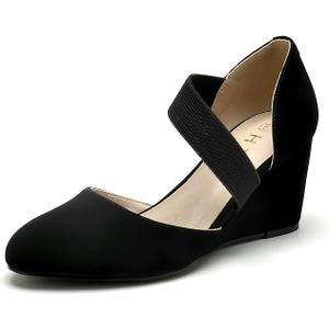 HTL Women's Elastic Closed Toe Black Suede Wedge Heel Pumps Dress Shoes for Women (Black Suede Size 7)