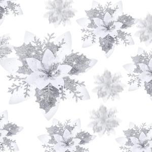 36 Pcs Christmas Glitter Artificial Poinsettia Flowers Xmas Poinsettia Artificial Wedding Flowers Decorations Xmas Tree Ornaments with Clips for Party, 6 Inch, 4 Inch, 3 Inch(Silver and White)