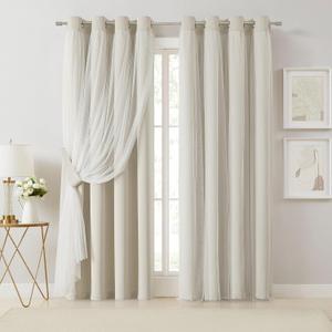 Bujasso Beige 80% Blackout Curtains with Sheer Overlay Mix and Match Double Layer Thermal Insulated Window Panels 95 inch for Living Room Bedroom Beige Drapes with Tiebacks Grommet Top 54" Wx95 Lx2