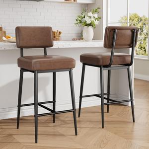 GarveeHome Bar Stools Set of 2, 26" Brown Faux Leather Counter Height Bar Stools with Backs, Modern Upholstered Barstool Chairs with Metal Legs for Kitchen Island, Home Bar, Dining Room
