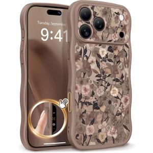 GVIEWIN for iPhone 17 Pro Max Case Compatible with MagSafe [Curly Wave Edge][Full Camera Protection] Floral Translucent Shockproof Magnetic Women Phone Case for 17 Pro Max, Apricot Blossom/Brown