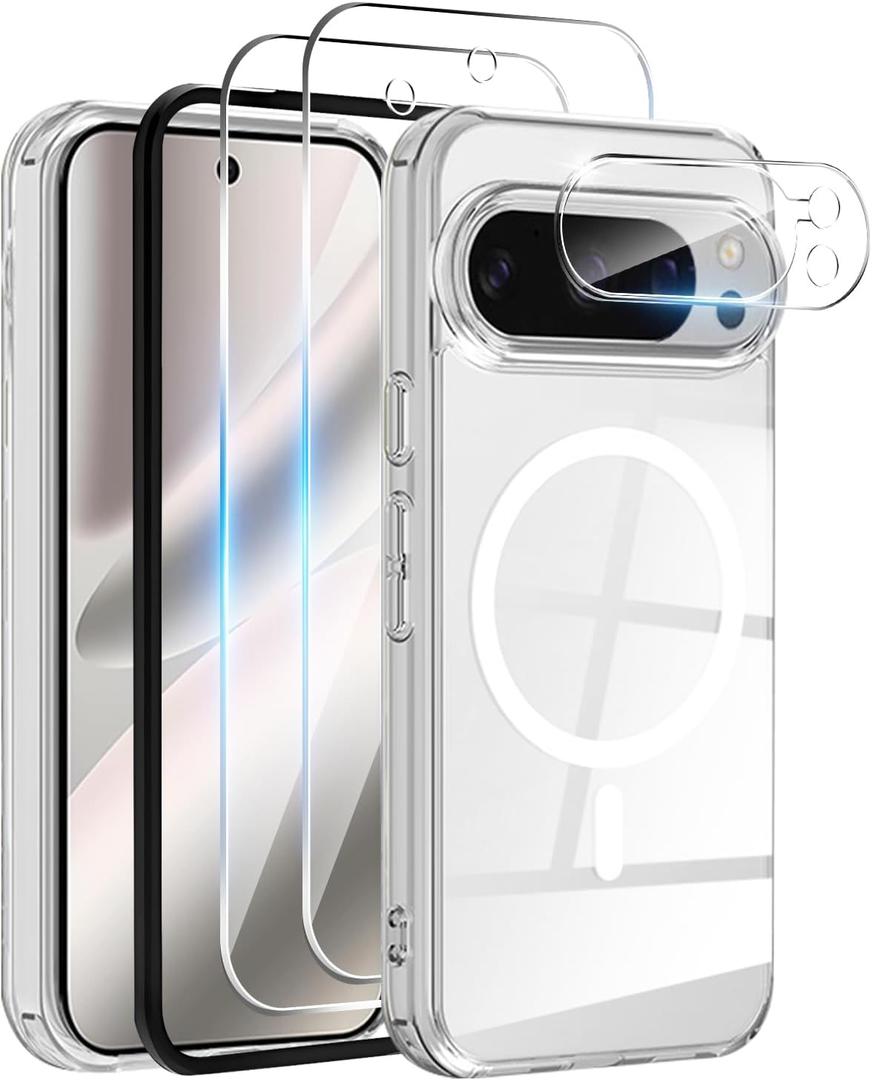 Magnetic for Google Pixel 10 pro Case, with 2X Screen Protector & 1X Camera Lens Protector, [Non-Yellowing] [Shockproof Military] Transparent Back Slim Bumper Cover Phone Case Google Pixel 10 pro (Clear)