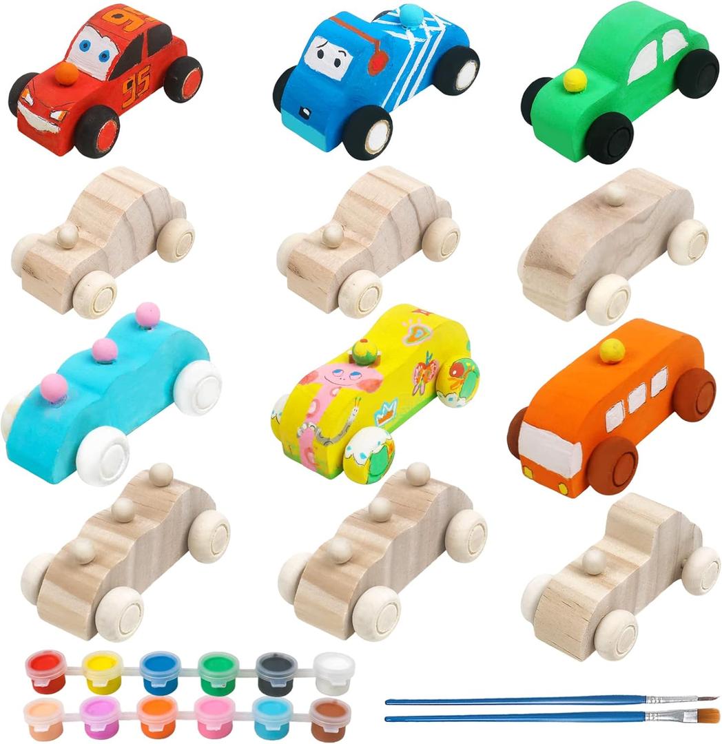Wooden Cars Unfinished Wood Crafts DIY Craft Wood Kit for Student Family Activities Arts and Crafts Kit for Kids (12 PCS)