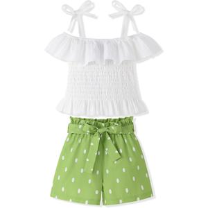 Toddler Girl Clothes Tie Knot Shoulder Sleeveless Ruffle Tops Bow Tie Waist Shorts Toddler Clothes for Girls (4-5T, Green)