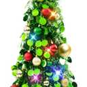 N&T NIETING Pop Up Christmas Tree with Lights, Collapsible Tinsel Xmas Tree Decorations, Pencil Christmas Tree Skinny Tree for Holiday Xmas Home Office Decor, 25 Balls, 3Ft, Green