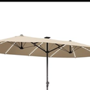 GDPFN 15FT Large Patio Umbrella with LED Lights, Outdoor Deck Standing Umbrella with Crank Handle, Double-Side Rectangular Pool Umbrella for Outside, Market, Patio, Beige (Base Not Include)