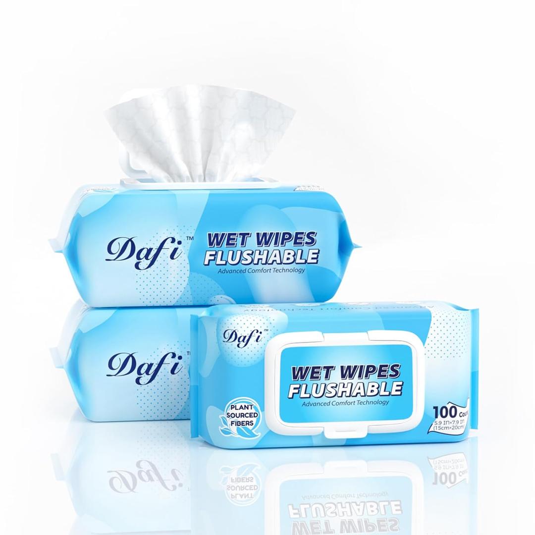 DAFI Flushable Wipes for Adult Wet Wipes, Total 300 Unscented Toilet Wipes Flushable, No Alcohol & 100% Plant Based Fibers, Septic and Sewer Safe Pack of 3