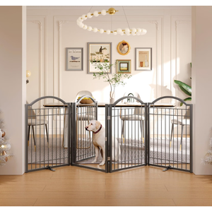BHG Metal No-Assembly Freestanding Dog Gate with Door Walk Through, Extra Wide 96", Extra Tall 32" Pet Gate, Accordion Puppy Folding Playpen Dog Fence, with 2PCS Support (Black, 4 Panels)
