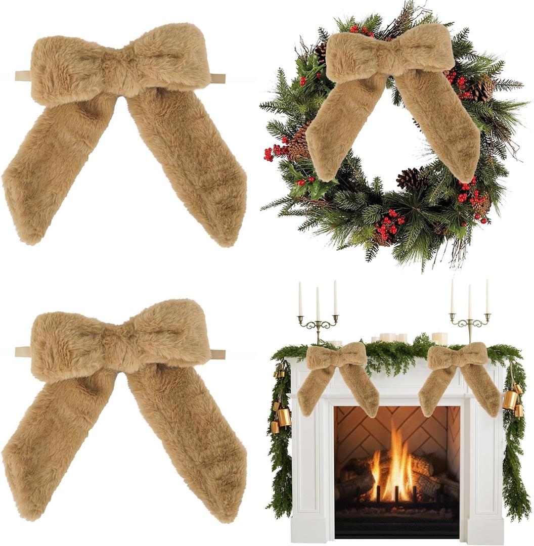 AIMUDI Khaki Bows 7''9'' Christmas Bows for Gift Wrapping Faux Fur Present Bows Premade Bows for Christmas Trees Fireplaces Wreaths Staircases Crafts Home Outdoor Winter Decoration, 6 PCs
