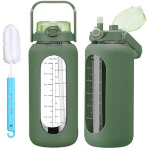 64oz Glass Water Bolttles with Straw Half Gallon Large Motivational Water Bottle with Time Marker Sports Water Bottles with Silicone Sleeve and Handle Lid Water Jug for Gym Workout (Olive)