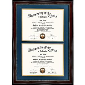 GraduationMall 14x20 Double Diploma Frame, Display 8.5x11 Certificate with Navy over Gold Mat,Tempered Glass,Mahogany with Gold Beads