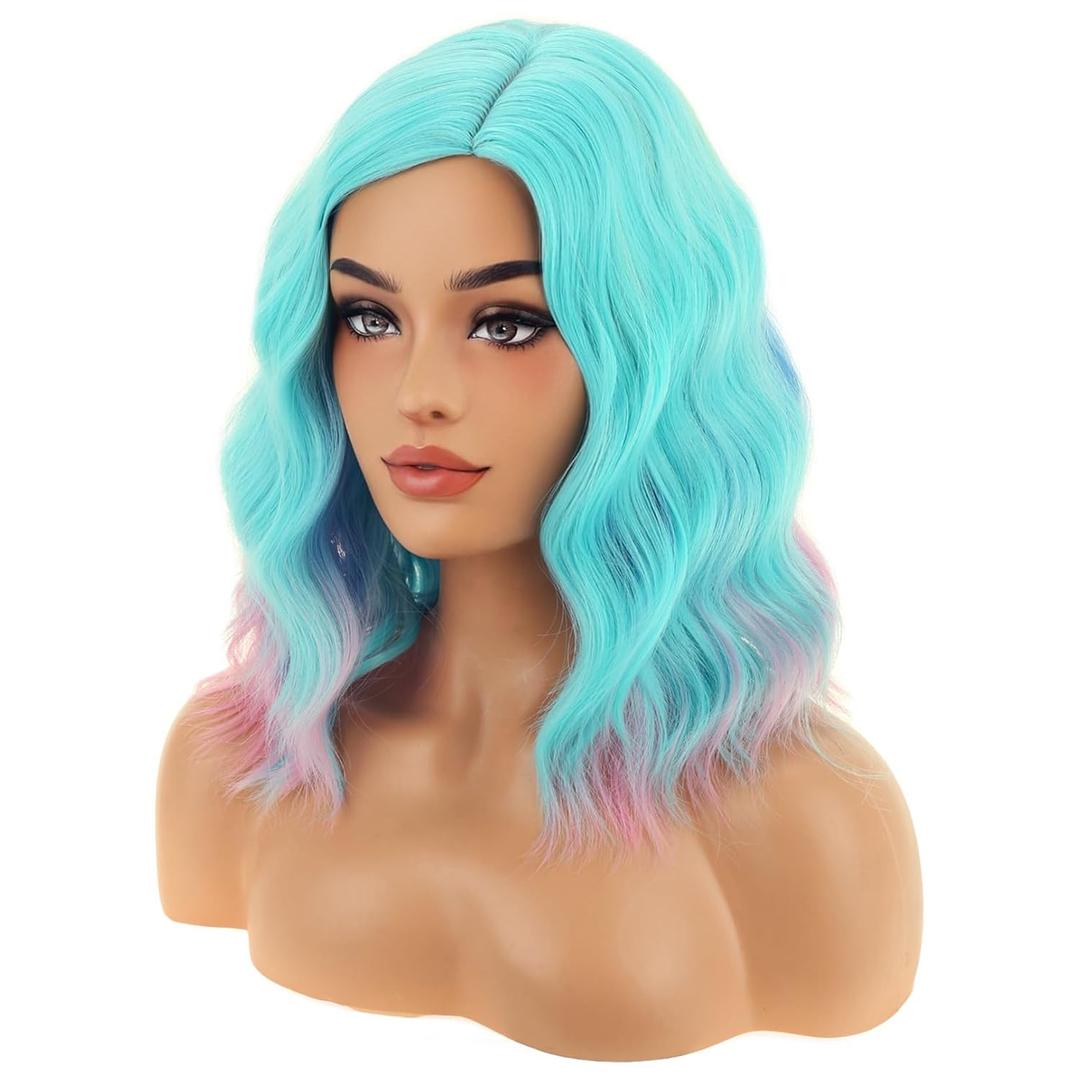 BERON Colorful and Turquoise Short Curly Wave Wig for Women Girls Teal Blue Wavy Heat Resistant Synthetic Wig for Cosplay Costume Party or Daily