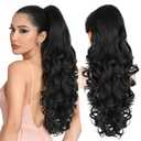 ALXNAN Ponytail Extension,24 Inch Claw Clip in Long Curly Wavy Black Ponytail Hair Extension Jaw Clip on Pony Tails Hairpiece for Women