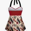 Rosegal Women Plus Size Goth Two Piece Tankini Set Skull Rose Flower Halter Swimsuits (Red, XXL)