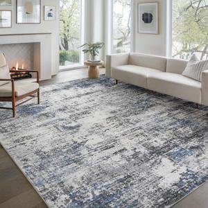 Area Rug Living Room Washable Rugs: 9x12 Modern Neutral Abstract Low Pile Non Slip Floor Carpet - Large Soft Thin Stain Resistant Rug for Bedroom Dining Indoor Office Home, Blue Grey