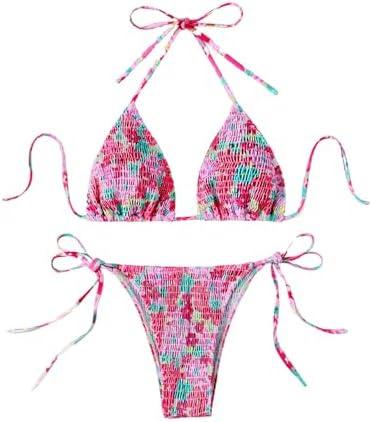COZYEASE Women's 2 Piece Floral Bikini Sets Smocked Drawstring Side Triangle Halter Sexy Cute Swimsuits Small