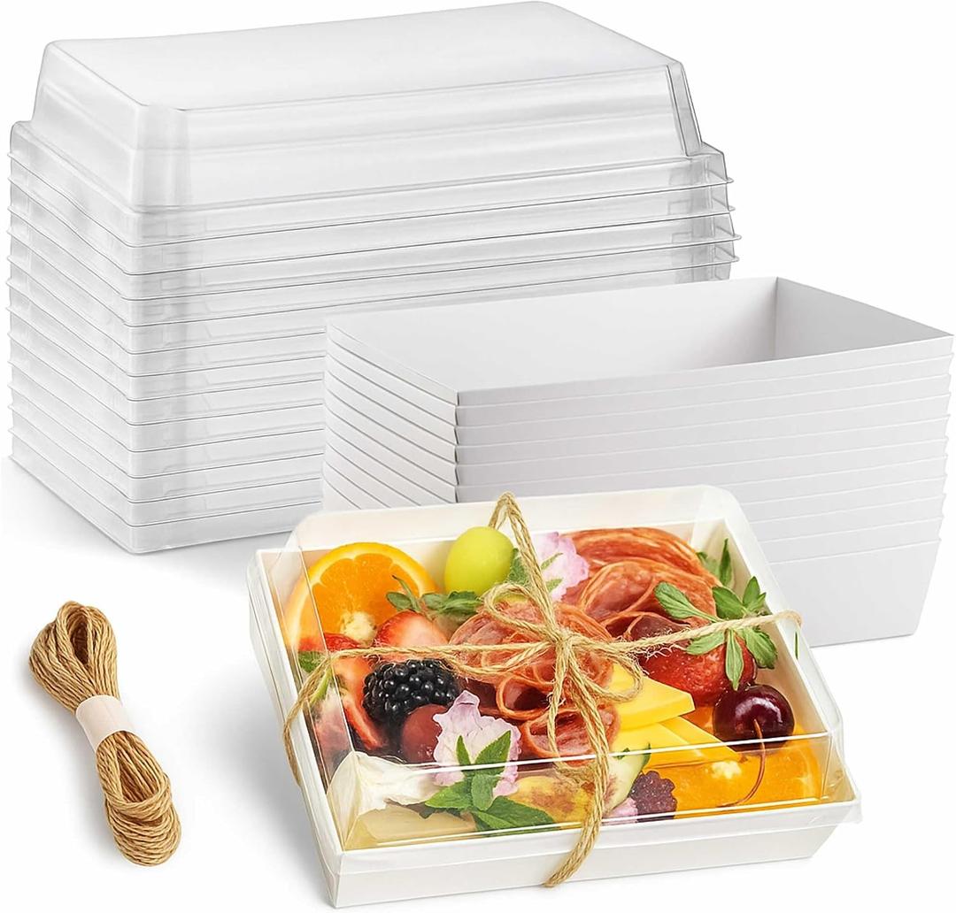 Leafiew 50 Pack 7x5 Inches Charcuterie Boxes with Clear Lids - Individual To Go Paper Charcuterie Board with Lid, Disposable Food Containers for Desserts, Cookie, Food, Charcuterie Accessories,White