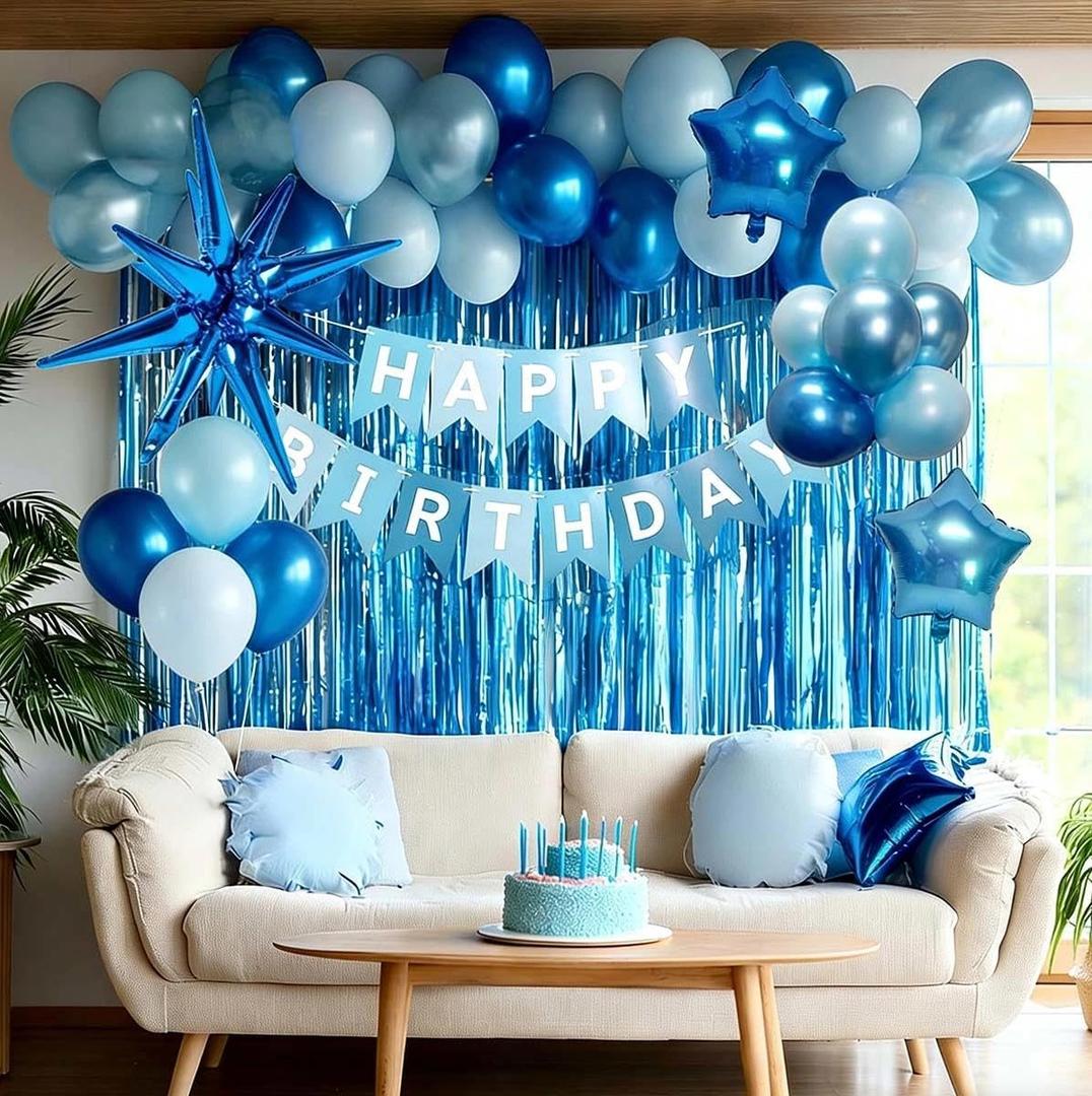 Blue Birthday Party Balloon Kit,Metallic Blue Pearl Balloons Happy Birthdays Banner Fringe Curtains Explosion Star Foil Balloon for Women Man Baby Shower Birthday Decoration