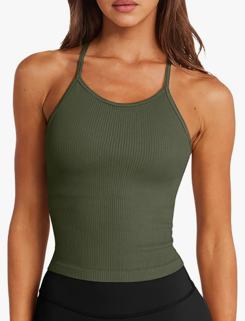 LASLULU Womens Sports Bra Seamless Long Crop Tank Racer Back Spaghetti Strap Workout Yoga Bra Padded Halter Neck Casual Tops M
