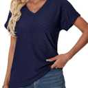 Eyelet Tops T Shirts for Women Dressy Casual V Neck Cap Sleeve Tees Trendy Summer Loose Fitting Business Clothing 2025 (Medium)