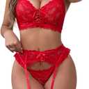 LNACAHVE Lingerie for Women 4 Piece Garter Belt Lingerie Set Floral Lace Bra and Panty with Stockings (Small, Red)