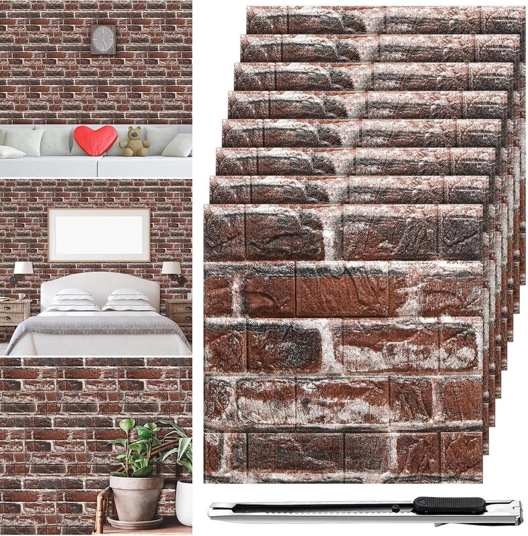 Tinlade 30 Pcs 28.81 Sq ft 3D Wall Panels Peel and Stick Foam Brick Wallpaper Printable Faux Brick Wall Panels Decorative Self Adhesive Tiles Waterproof(Red Brick)